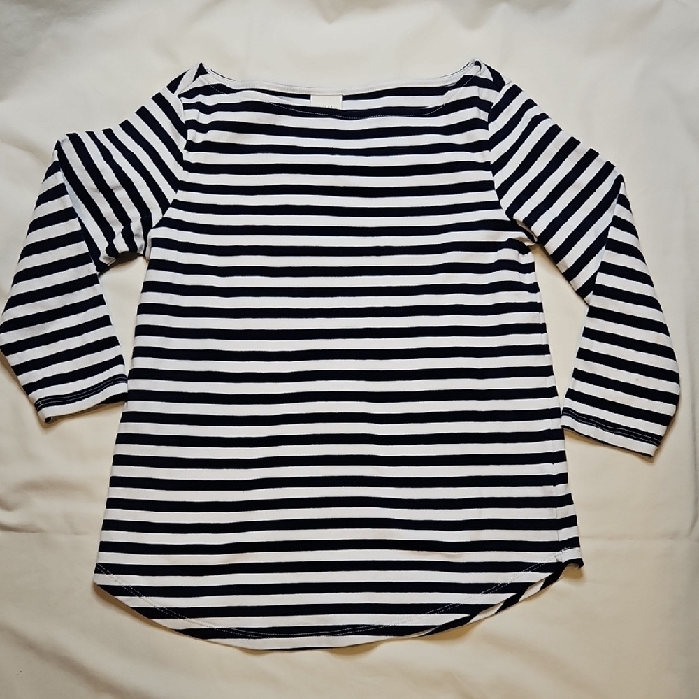 H&M Boat Neck Shirt Navy & White Stripe 3/4 Sleeve XS 100% Cotton
